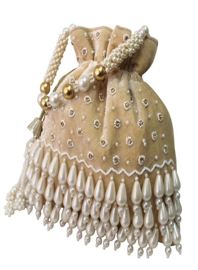 MILAN'S CREATION Pearl-Tassels Potli Bag Hand Embroidery Drawstring Velvet Potli Women's Handbag Purse With Pearl Handle & Tassel Purse (Gold) - Image 3